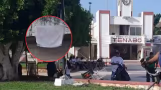 Colocan manta con mensajes amenazantes contra elementos policiacos a la entrada de Tenabo