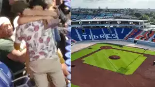 La pareja se abrazó luego de la proposición de matrimonio en el remodelado Estadio 'Beto Ávila' de Cancún