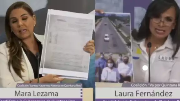 Mara Lezama (izq.) y Laura Fernández (der.) mostraron información sobre la otra durante el debate en Quintana Roo Mara Lezama (izq.) y Laura Fernández (der.) mostraron información sobre la otra durante el debate en Quintana Roo