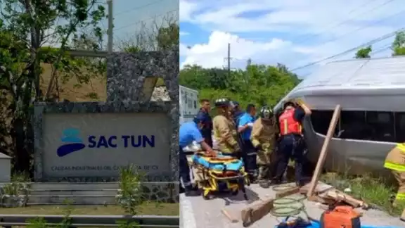 Bomberos rescataron al chofer de la Van turística, para posteriormente ser trasladado al Hospital General de Playa del Carmen