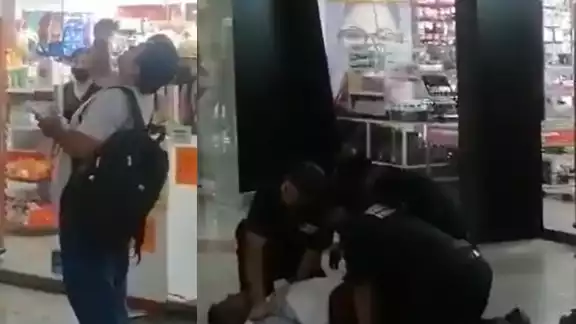 La víctima del hombre se mantuvo en el lugar mientras los guardias de seguridad de Plaza las Américas de Cancún sometían a su agresor