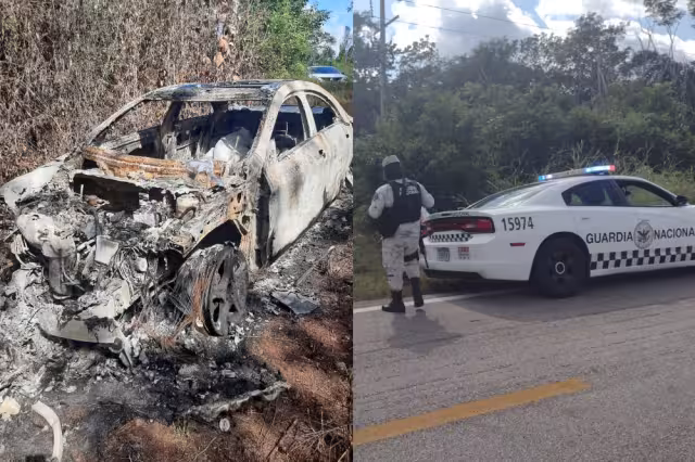 La unidad, al parecer un Mercedes-Benz, fue hallada quemada en una brecha de la carretera a Carrillo Puerto