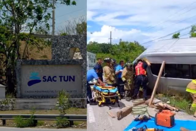 Bomberos rescataron al chofer de la Van turística, para posteriormente ser trasladado al Hospital General de Playa del Carmen