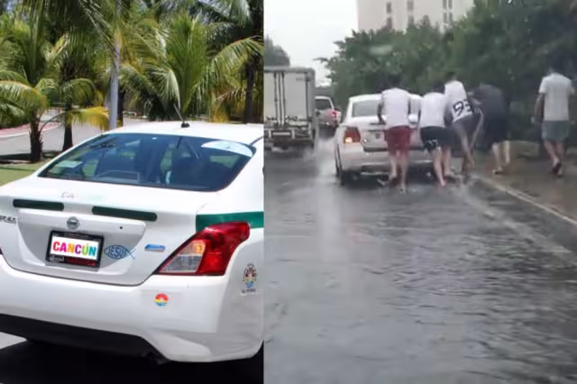 Los turistas fueron captados empujando el taxi que los transportaba, que quedó varado en la Zona Hotelera de Cancún