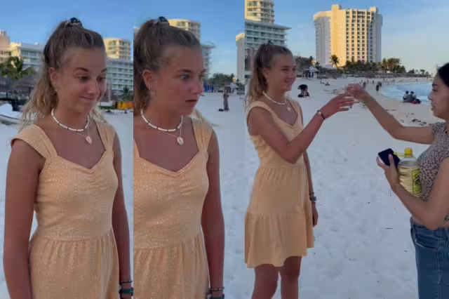 La joven originaria de Alemania se tomó el 'shot' de Tonayán en Cancún, para luego decir que pese a su sabor extraño, le había gustado