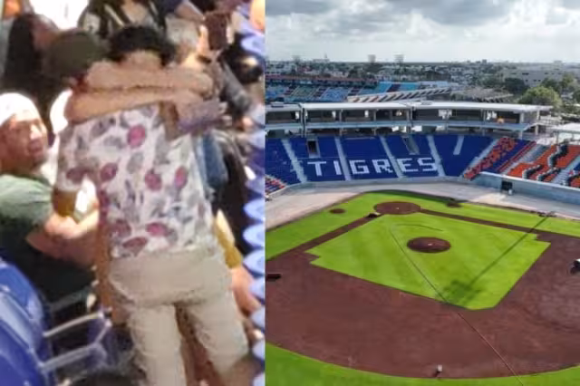 La pareja se abrazó luego de la proposición de matrimonio en el remodelado Estadio 'Beto Ávila' de Cancún
