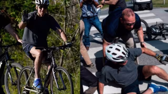 Joe Biden fue levantado del suelo por agentes del Servicio Secreto tras caerse de su bicicleta en Delaware, frente a simpatizantes y medios de comunicación