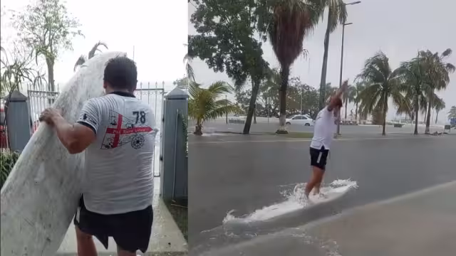 El joven aprovechó las inundaciones en el Boulevard Bahía de Chetumal para divertirse un rato y evidenciar las fallas en la remodelación de la vía