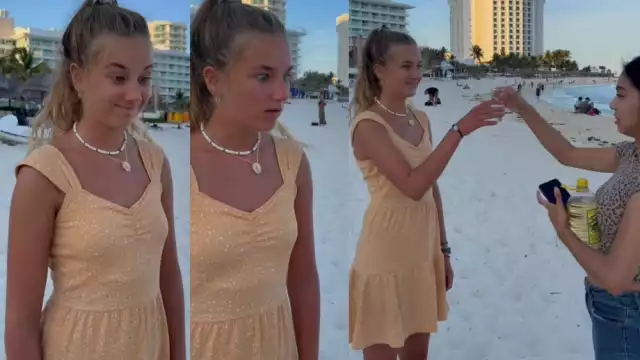 La joven originaria de Alemania se tomó el 'shot' de Tonayán en Cancún, para luego decir que pese a su sabor extraño, le había gustado