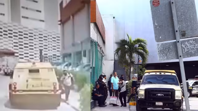 El camión de valores quedó abandonado frente al estacionamiento del supermercado Chedraui en Plaza las Américas de Cancún tras la huida del presunto custodio