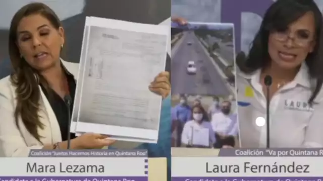 Mara Lezama (izq.) y Laura Fernández (der.) mostraron información sobre la otra durante el debate en Quintana Roo