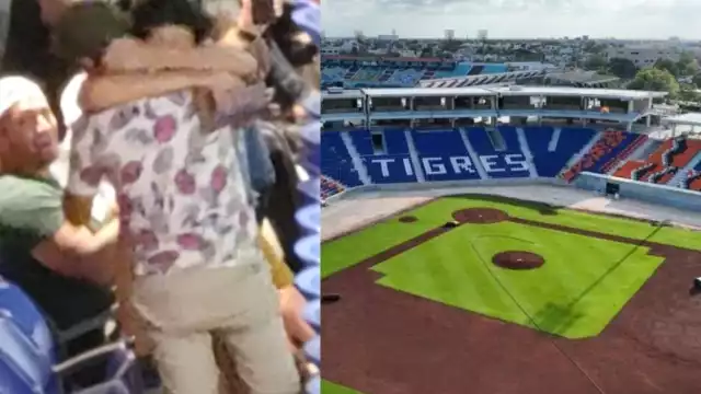 La pareja se abrazó luego de la proposición de matrimonio en el remodelado Estadio 'Beto Ávila' de Cancún