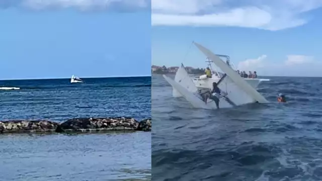 El velero zozobró en plena costa de Puerto Aventuras, a la vista de turistas, además de que una persona grabó el momento en el que se volcó