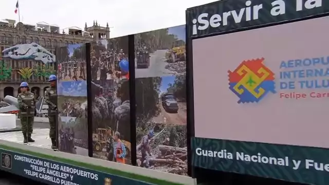 Los ingenieros de la Sedena fueron transportados en un vehículo que mostraba las imágenes sobre el aeropuerto de Tulum y el AIFA