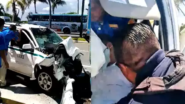 El taxista quedó dentro de la unidad luego de chocar contra un autobús de la Zona Hotelera de Cancún