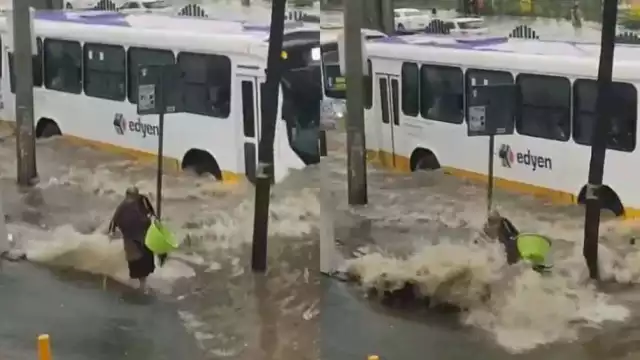 La abuelita caminaba sobre la banqueta cuando el oleaje hecho por un autobús la tiró