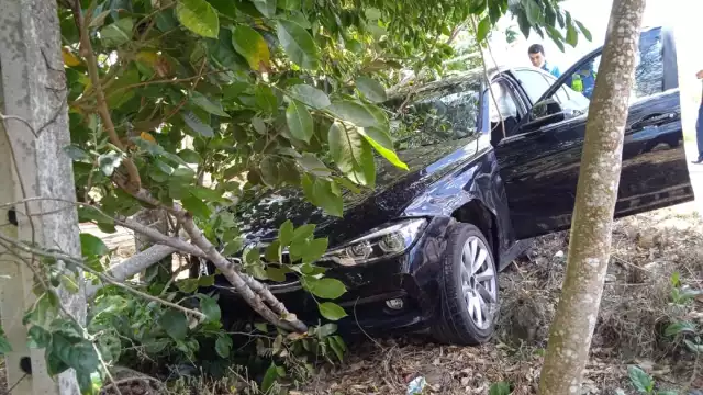 El auto atravesó el carril central y de baja velocidad, se salió de la carretera y se impactó de frente contra un árbol de ramón