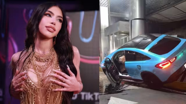 La camioneta de la influencer quedó de lado tras chocar contra una columna