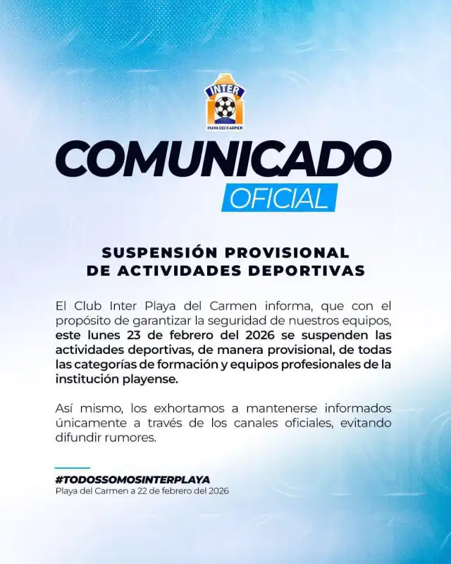 La directiva del club informó mediante redes sociales la cancelación provisional de actividades deportivas este lunes 23 de febrero
