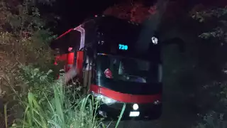 Un autobús de pasajeros perdió los frenos y el conductor perdió el control del vehículo, saliendo de la carretera Escárcega-Xpujil