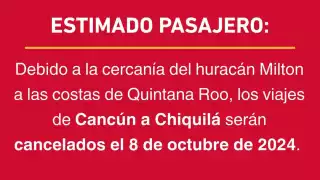 ADO cancela viajes de Cancún a Chiquilá por el huracán "Milton"