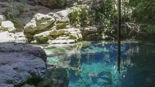 Este cenote se localiza a una distancia de 120 kilómetros de la ciudad de Mérida