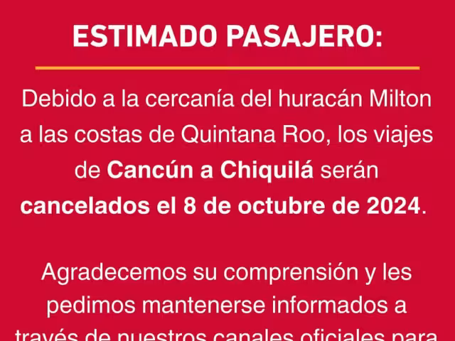 ADO cancela viajes de Cancún a Chiquilá por el huracán "Milton"