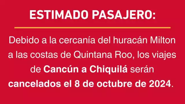 ADO cancela viajes de Cancún a Chiquilá por el huracán "Milton"