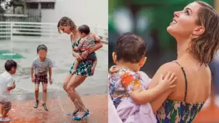 Mariana Rodríguez goza la caída de agua de la lluvia que por fin cayó en Monterrey.