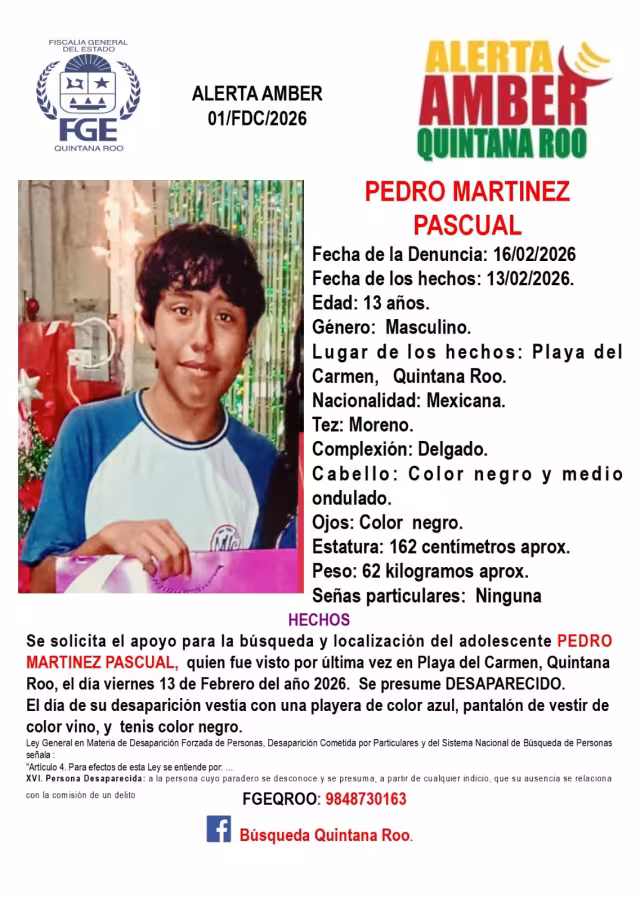 Menor de 13 años desaparece en Playa del Carmen; activan Alerta Amber