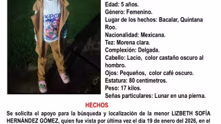 Menor de cinco años es reportada como desaparecida en Bacalar; activan ficha de búsqueda