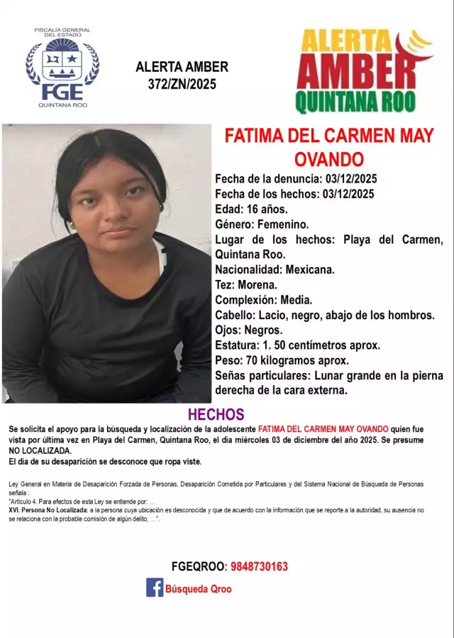 La FGE emitió la  ficha de búsqueda  de Fátima del  Carmen, vista por  última vez el pasado  3 de diciembre