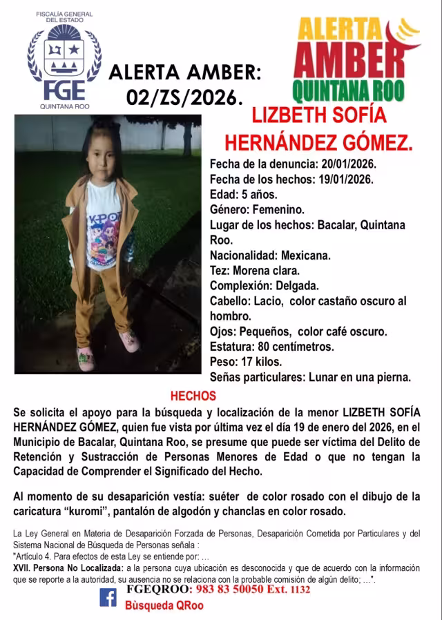 Al momento de su desaparición, la niña vestía un suéter color rosado con el dibujo de la caricatura “Kuromi”, pantalón de algodón y chanclas también rosadas