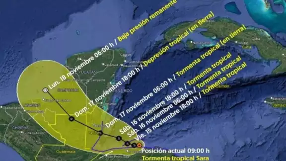 La tormenta tropical Sara tocará tierra en Campeche como baja presión o remanente el lunes 18 de noviembre La tormenta tropical Sara tocará tierra en Campeche como baja presión o remanente el lunes 18 de noviembre