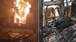 Incendio consume camioneta con instrumentos musicales en Escárcega