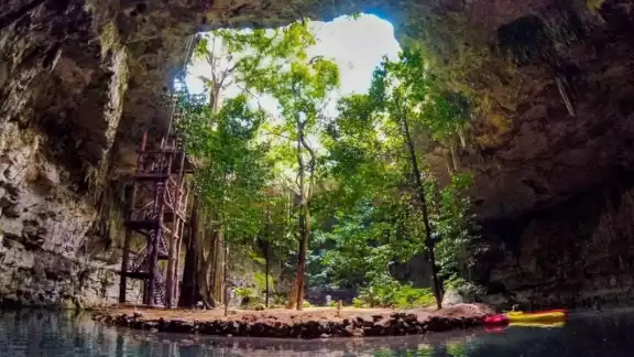 El cenote lleva el nombre de los árboles que caen sobre la isla. Foto: Especial El cenote lleva el nombre de los árboles que caen sobre la isla. Foto: Especial