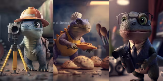 Toposaurio, panaderosaurio, reporterosaurio, son algunos de los dinosaurios bebes con profesiones. Foto: Especial