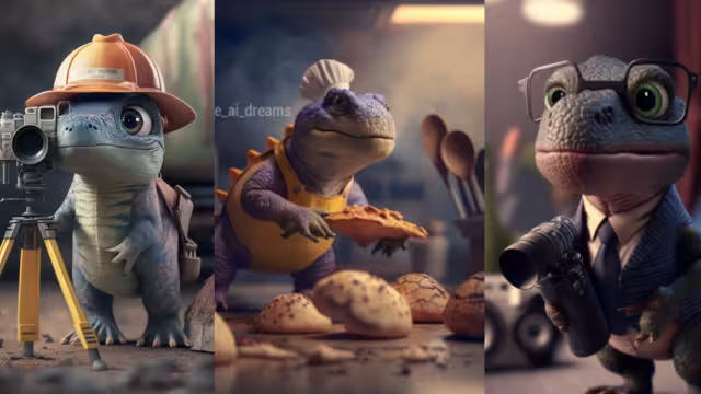 Toposaurio, panaderosaurio, reporterosaurio, son algunos de los dinosaurios bebes con profesiones. Foto: Especial