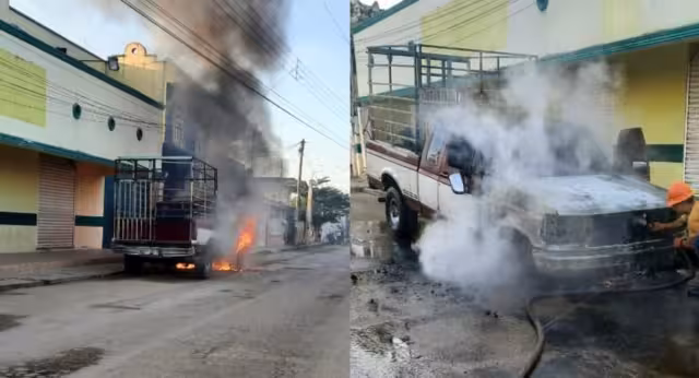 La camioneta resultó con graves daños debido al fuego