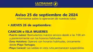 Rutas Cancún-Isla Mujeres y Chiquilá-Holbox retomarán actividades, mientras que los cruces a Cozumel siguen pendientes.