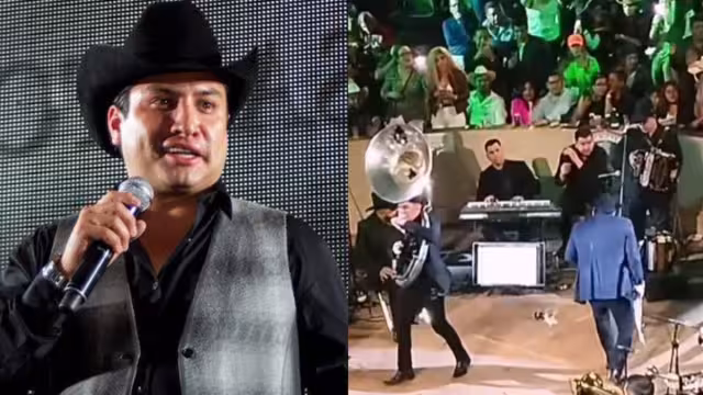 Un asistente al concierto lanzó una lata de cerveza y casi le da a Julión Álvarez en la cabeza.