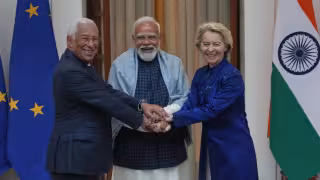 António Costa, presidente del Consejo Europeo; Narendra Modi, primer ministro de India y Ursula von der Leyen, presidenta de la Comisión Europea