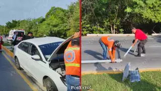 Conductora se duerme al volante y derriba poste de alumbrado público en Campeche