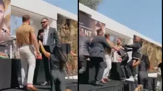 Los boxeadores, Saúl Canelo Álvarez y Caleb Plant protagonizaron tremenda pelea durante la rueda de prensa para presentar su combate el próximo 6 de noviembre