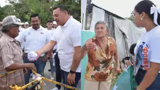 Como si fueran quesos Oaxaca, el candidato del PAN regaló playeras durante su breve caminata en Teya