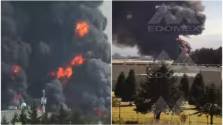 Un fuerte incendio se registró en una fábrica de solventes en el municipio de Lerma, Estado de México