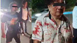 Uno de los martillos detectó la agresión a la víctima (d) y alertó al gremio a través del WhatsApp; lograron detener al delincuente (i) y entregarlo a los policías.