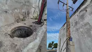 Vecinos alertan riesgo en el malecón de Champotón por poste de la CFE dañado y registros sin tapa