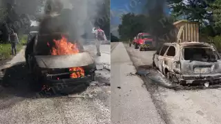 Camioneta se incendia por corto circuito en la carretera Escárcega–Chetumal; familia sale ilesa