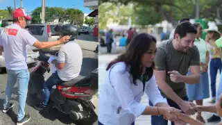 Los candidatos a la diputación por el PVEM (i) y por la coalición PAN-PRI-PRD (d) buscaron la cercanía de la gente para exponerles sus propuestas electorales